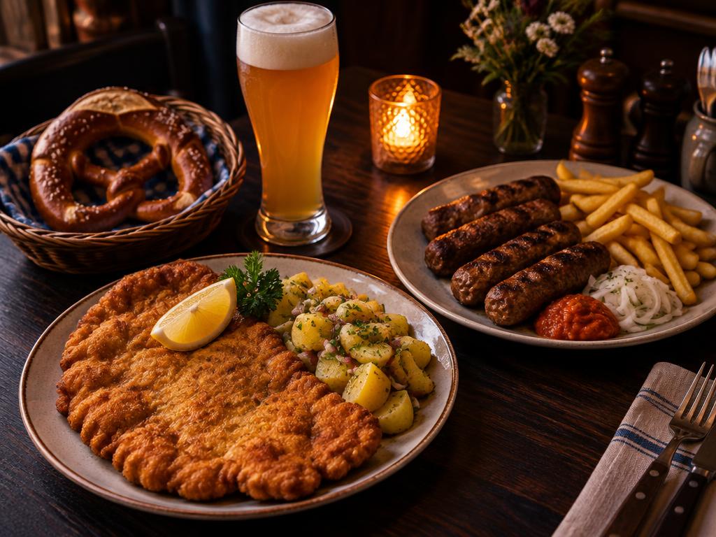 Bayerische Gerichte: Schnitzel mit Kartoffelsalat, Cevapcici mit Pommes, Breze und Weizenbier